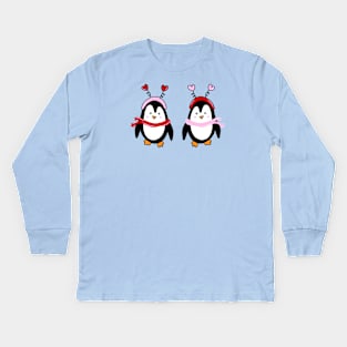 Valentines Penguin Pair with Pink and Red Heart Headbands and Scarves, made by EndlessEmporium Kids Long Sleeve T-Shirt